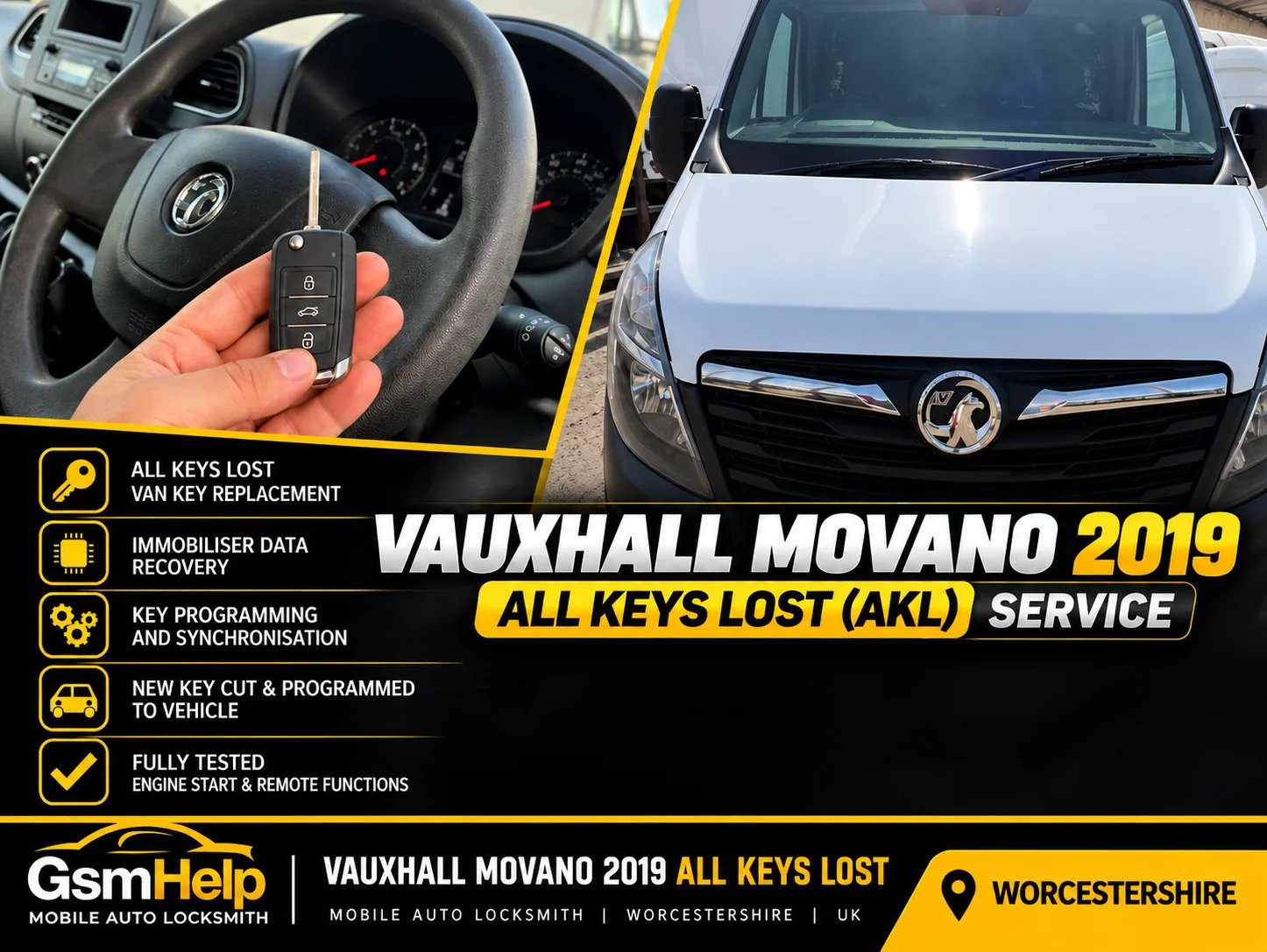 Vauxhall Movano 2019 all keys lost replacement and key programming by mobile auto locksmith in Worcester