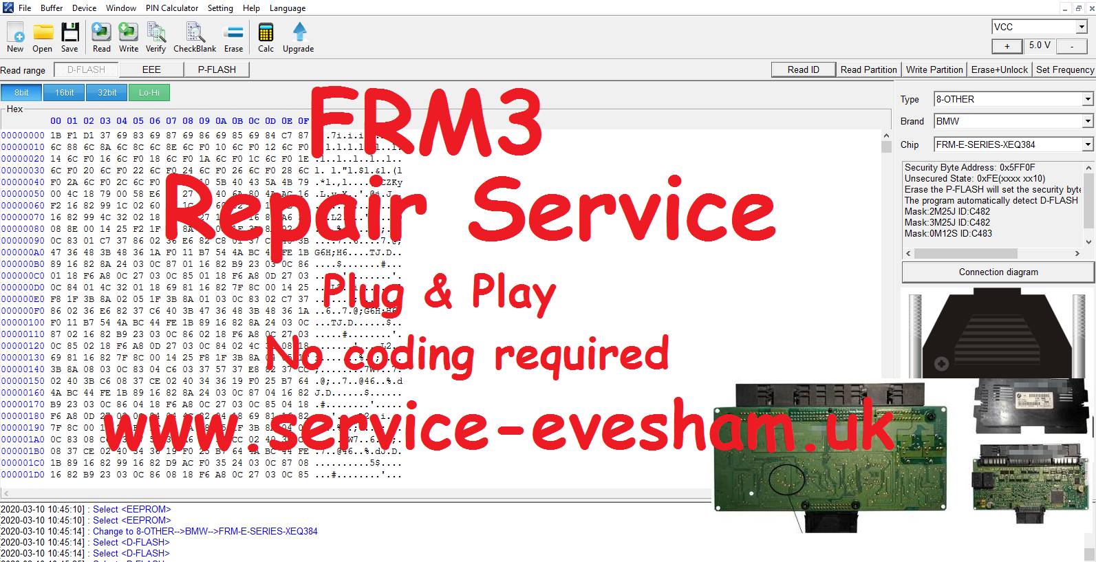 FRM3 repair service advertisement showing EEPROM hex editor and BMW FRM module plug and play repair
