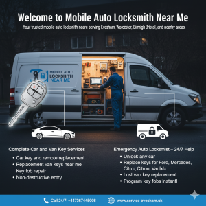 Mobile auto locksmith van with technician working inside and service features listed for car and van key services