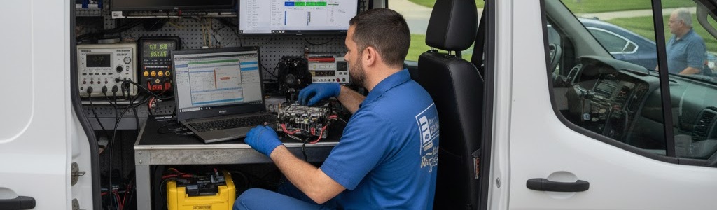 On-site ECU programming and electronic diagnostics performed from a mobile locksmith van.