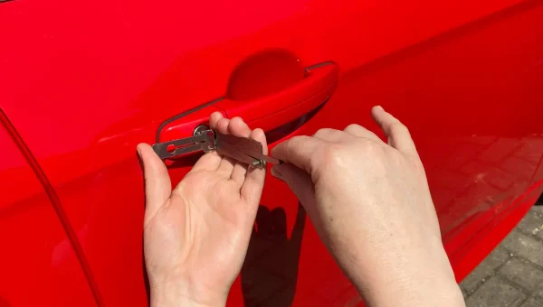 Auto locksmith using professional lock decoding tool to unlock a vehicle door in Evesham